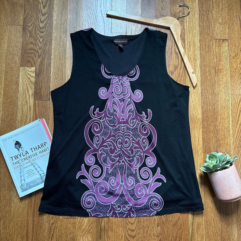 Dana Buchman Black & Purple Patterned Sleeveless Blouse